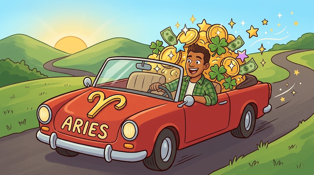 Lucky Aries man driving a red convertible filled with gold and luck